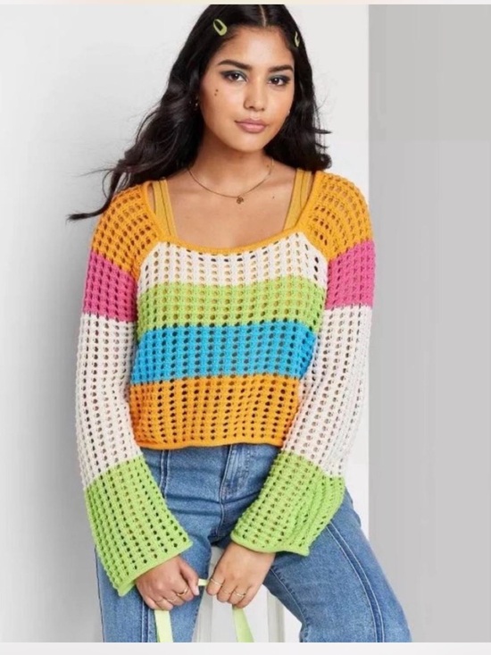 wild fable Tops - Wild Fable Brand Size XL Cropped Crochet Sweater Rainbow Stripes Bright Colors
